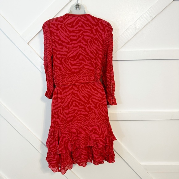 Allsaints Keva Remix Zebra Print Ruffle Mini 3/4 Sleeve Wrap Dress Red Sz M - Picture 7 of 9